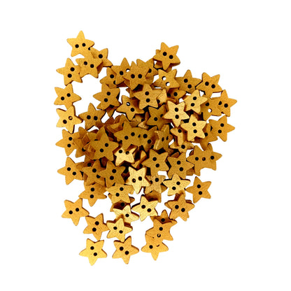 A pile of small wooden star-shaped buttons with two holes, shown on a plain white background.