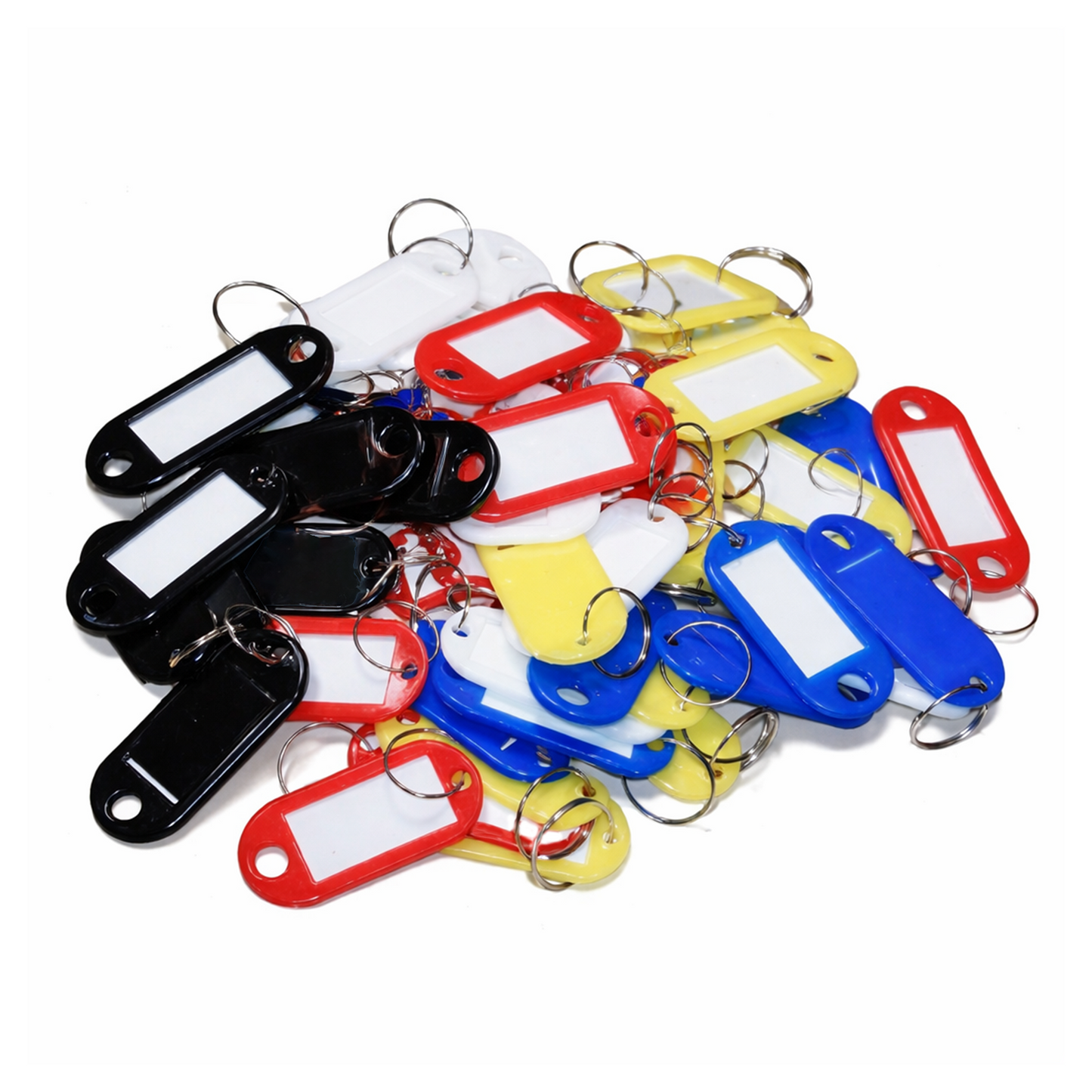 Assorted color keychains with blank labels on a white background