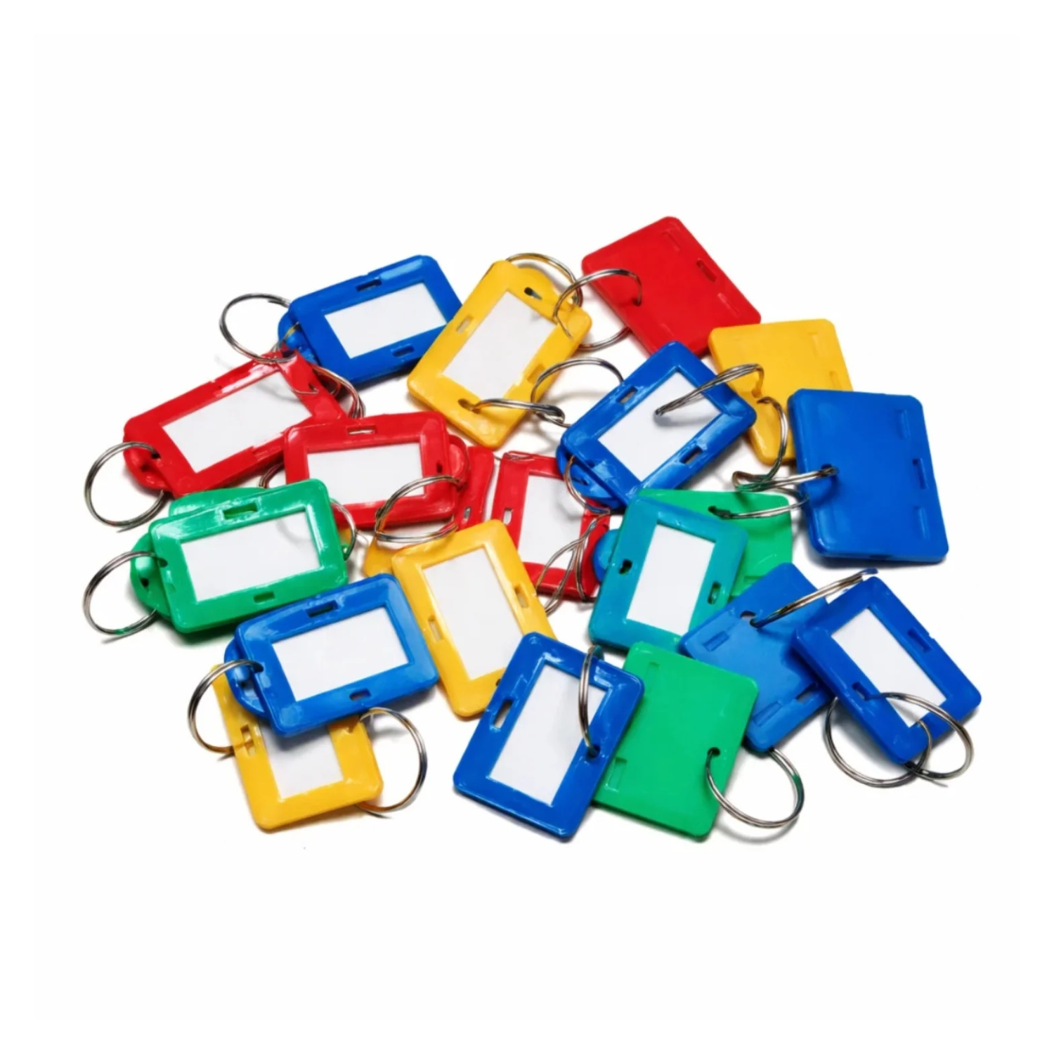 Colorful key tags with blank labels on a white background