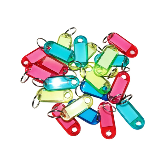 Colorful keychains with clear tags on a white background