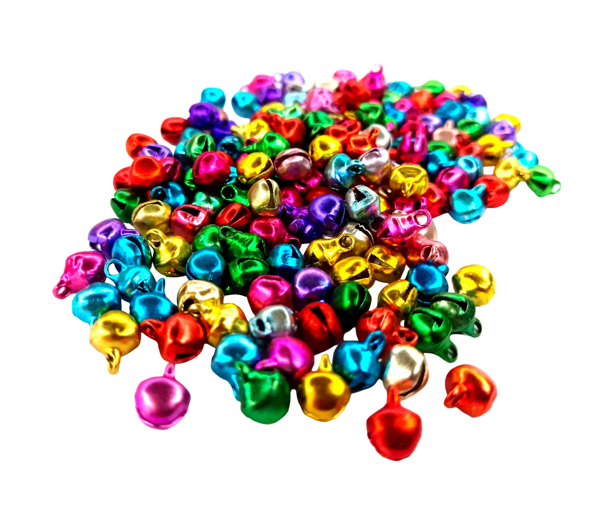 A pile of small metallic jingle bells in assorted bright colors, including pink, blue, green, yellow, orange, and silver, scattered on a plain white background.