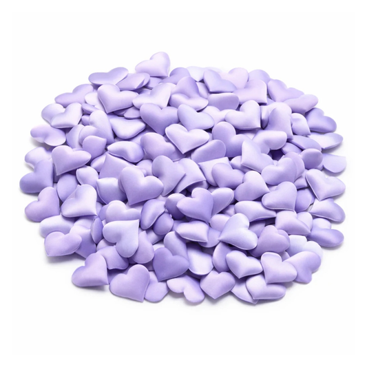 Lavender padded hearts on a white background