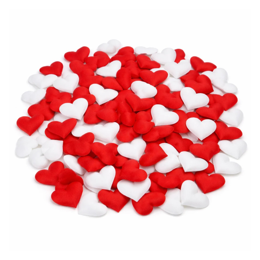 Red and white padded hearts on a white background