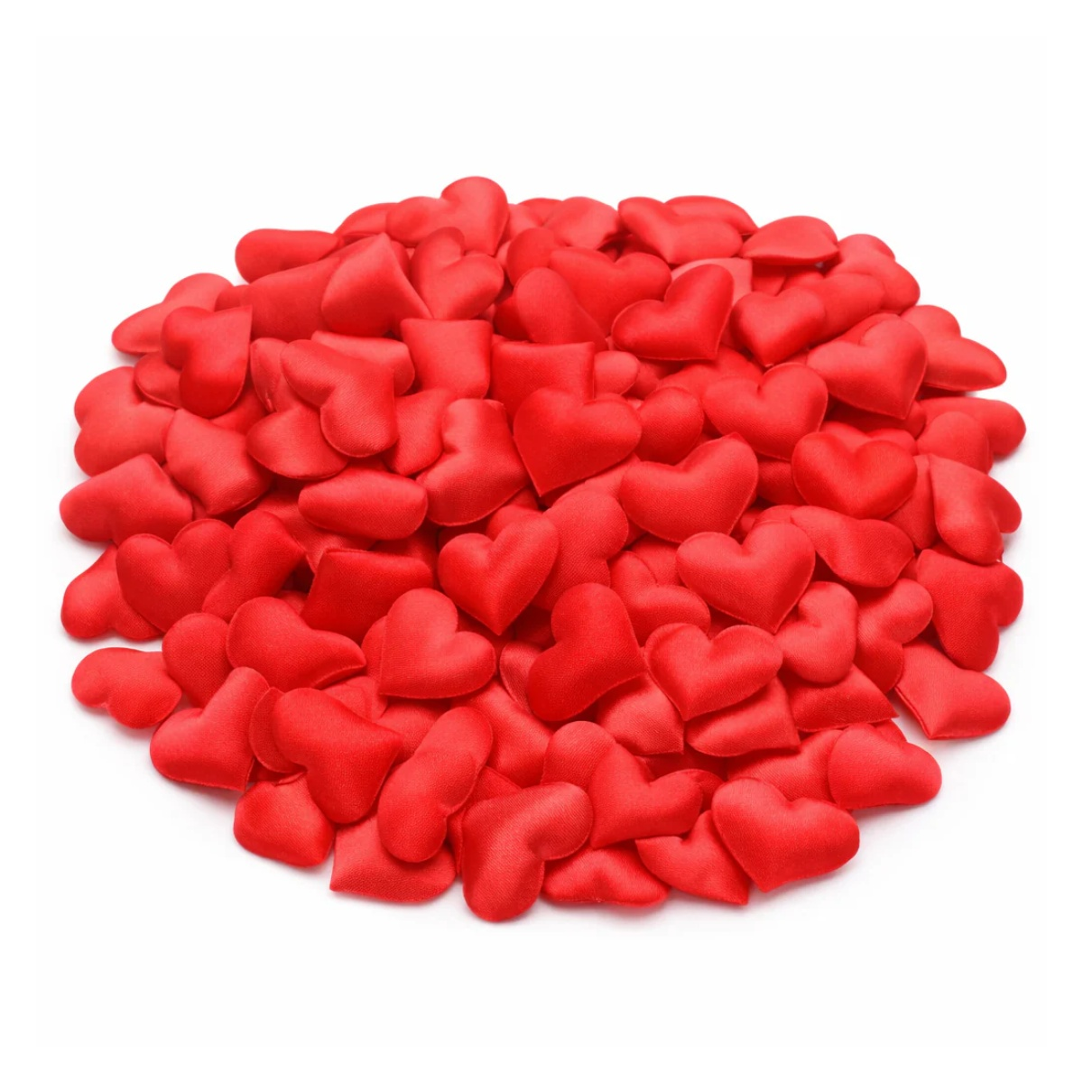 Pile of red padded hearts on a white background