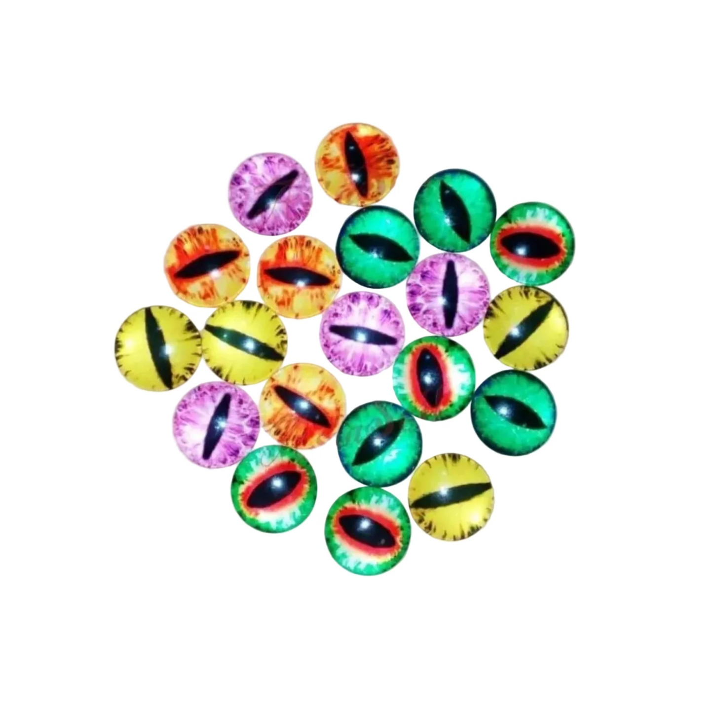 Assorted colorful glass flat dome eyeballs on a white background