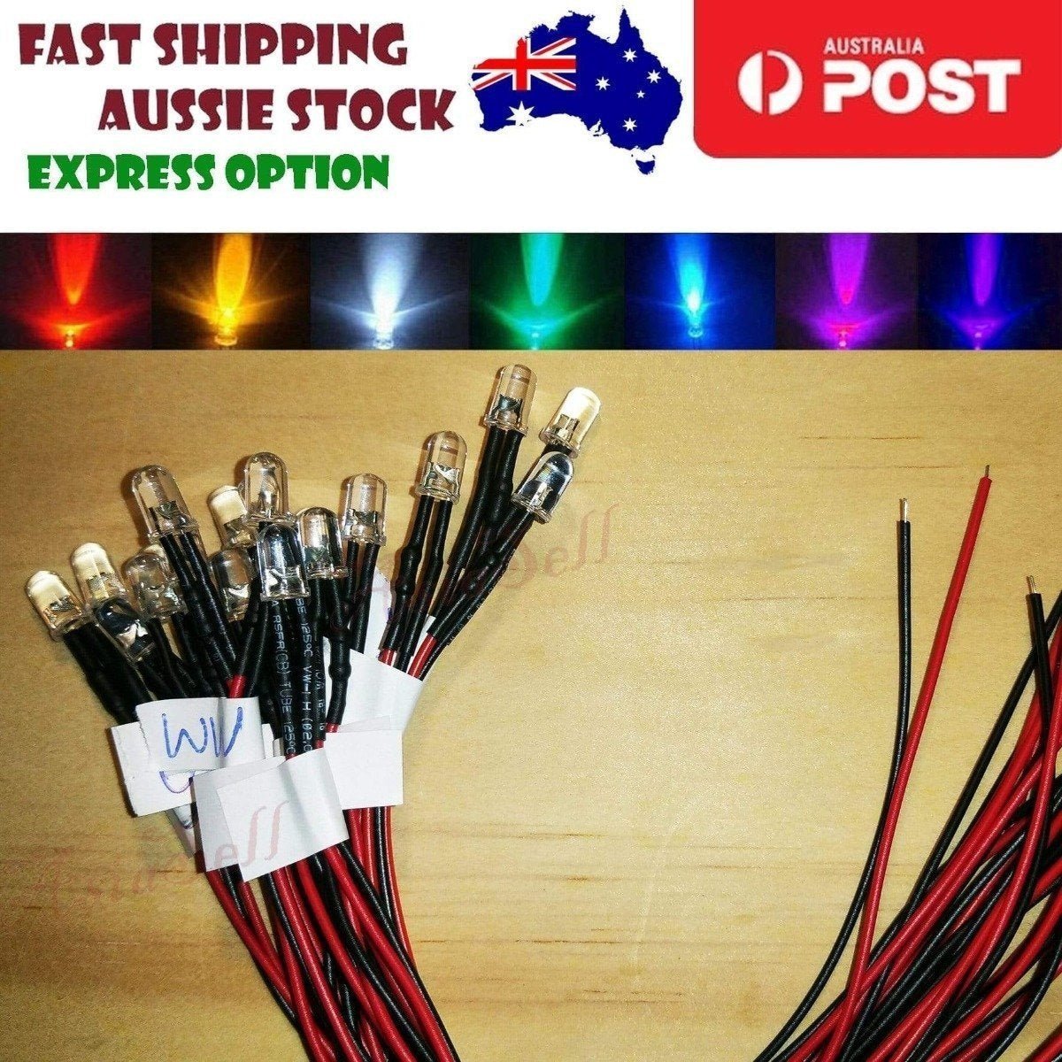 20pcs 5mm 3.4V-12V Wired LEDs Set Kit 10 Colours Cables 8000MCD - Asia Sell