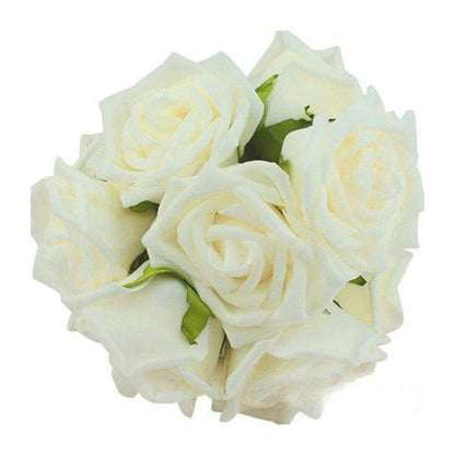 20pcs 7cm Artificial Flowers with Stems Foam Rose Fake Bride Bouquet Wedding - Milk White - Asia Sell