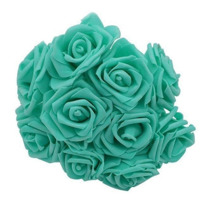 20pcs 7cm Artificial Flowers with Stems Foam Rose Fake Bride Bouquet Wedding Set C - Teal - Asia Sell