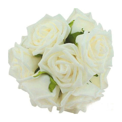 20pcs 8cm Artificial Flowers with Stems Foam Rose Fake Bride Bouquet Wedding Set A - Milk White - Asia Sell