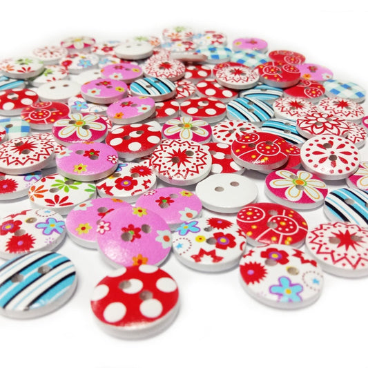 20pcs White Backed Wooden Round Buttons Colourful Mixed Floral Patterns 15mm 2-Hole Pink Red - - Asia Sell