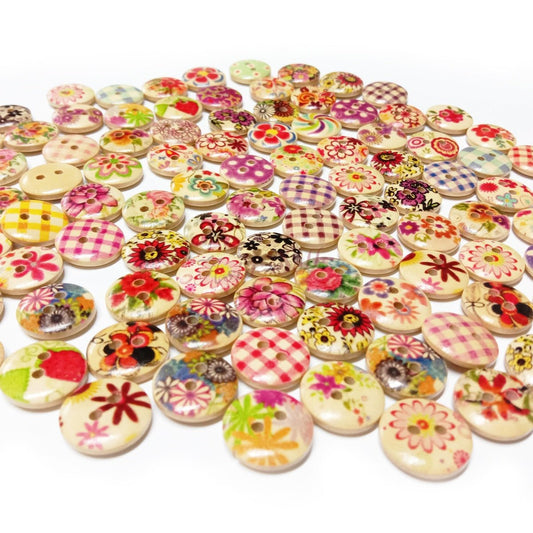 20pcs Wooden Round Buttons Mixed Flower Patterns Colourful 15mm 2-Hole - - Asia Sell