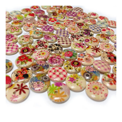20pcs Wooden Round Buttons Mixed Flower Patterns Colourful 15mm 2-Hole - - Asia Sell