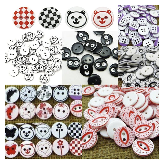 Collage of various buttons with different designs and colors.