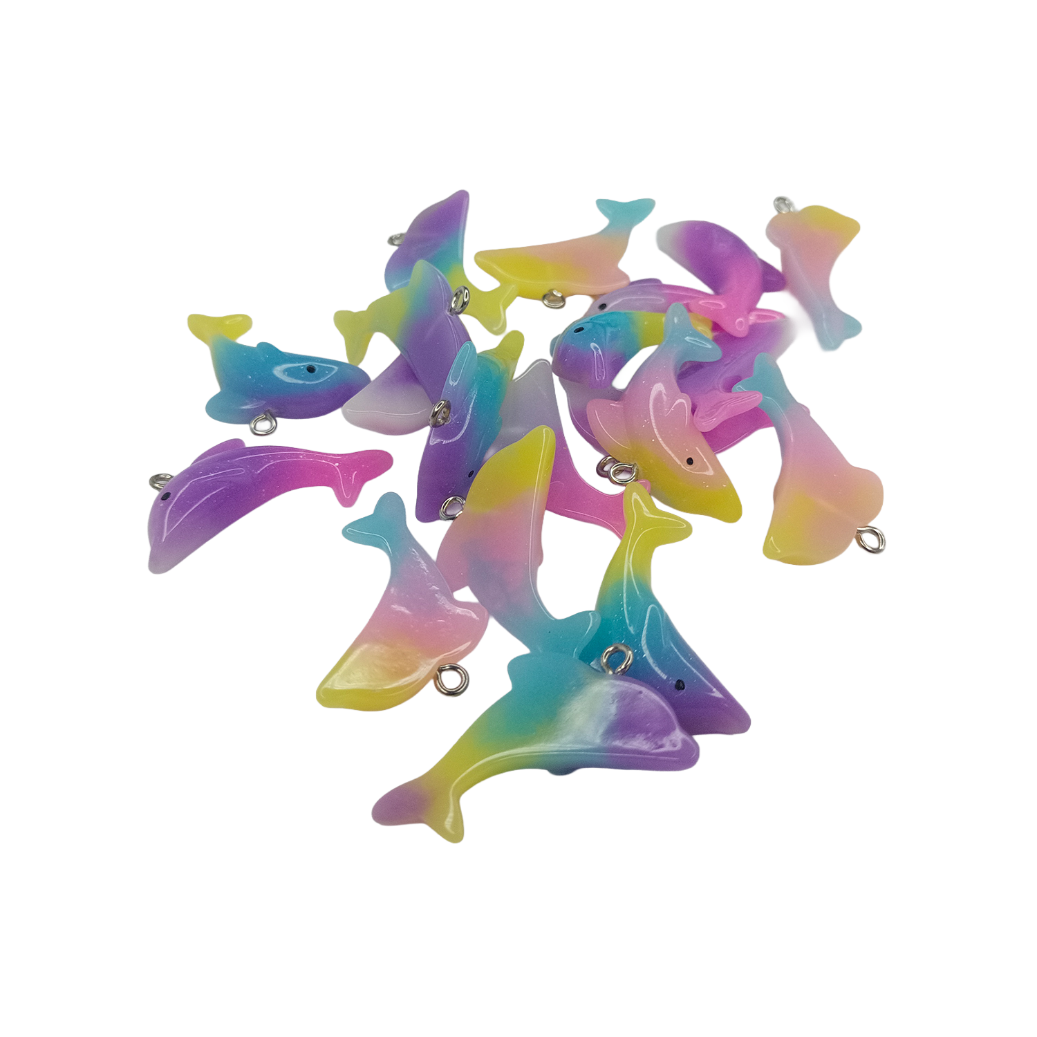 Colorful dolphin-shaped toys on a white background