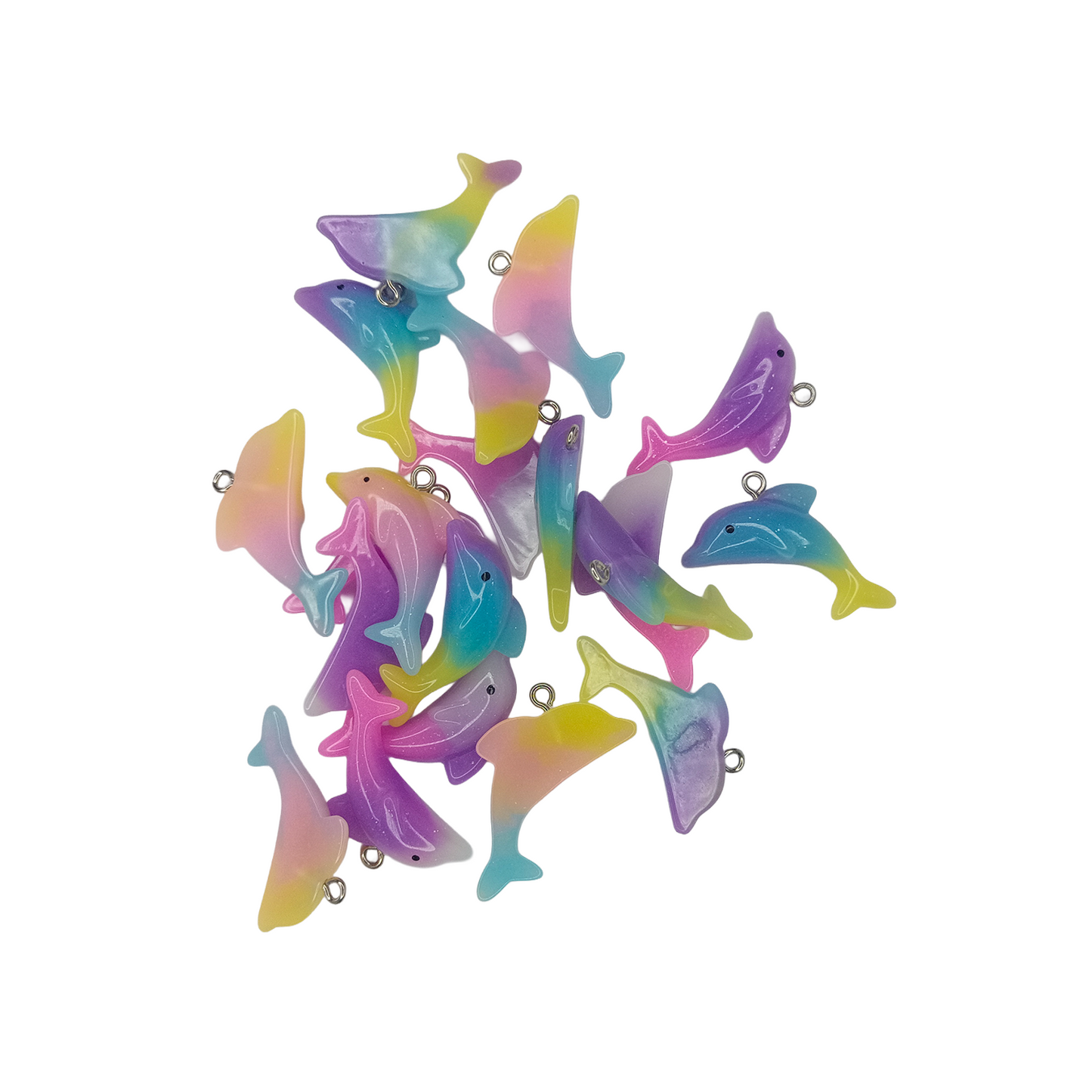 Colorful dolphin-shaped charms on a white background