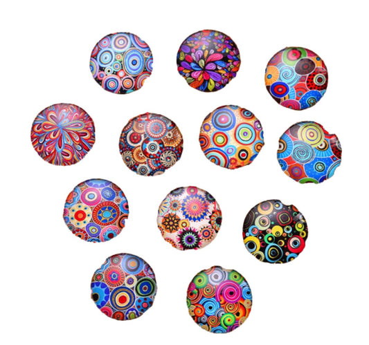 24x 12mm Cabochon Coloured Pattern Round Glass Dome Pendant Cameo - - Asia Sell