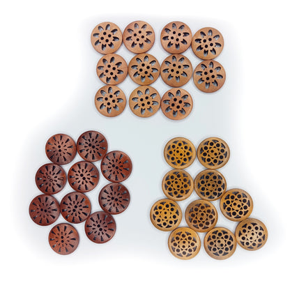 30pcs 25mm Carved Wooden Buttons Brown Shades for Coat Garment Upholstery