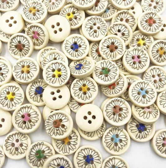 25pcs Buttons 4-Hole Flower Daisy Design Natural Colour 15mm - - Asia Sell