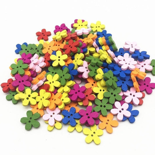 25pcs Flower Wood Buttons 2 Hole Sewing Baby Clothing Multicolour Colourful Wooden 15mm - - Asia Sell