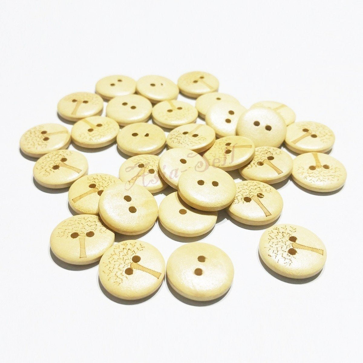 25pcs Wooden Buttons Tree Design for Clothing Craft Sewing DIY 2 Hole 20mm - Natural colour - - Asia Sell