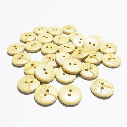 25pcs Wooden Buttons Tree Design for Clothing Craft Sewing DIY 2 Hole 20mm - Natural colour - - Asia Sell