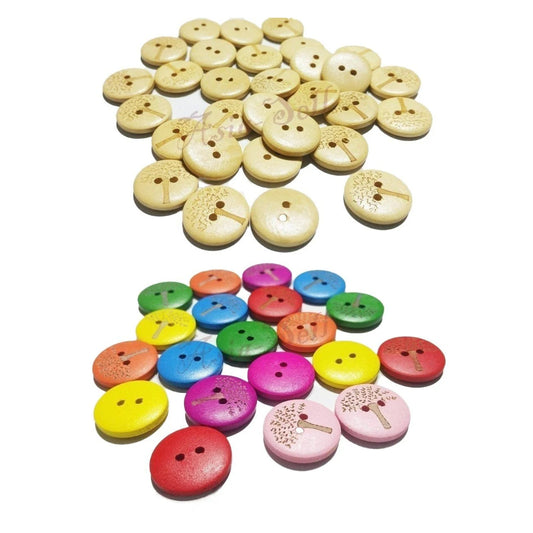 25pcs Wooden Buttons Tree Design for Clothing Craft Sewing DIY 2 Hole 20mm - Natural colour - Asia Sell
