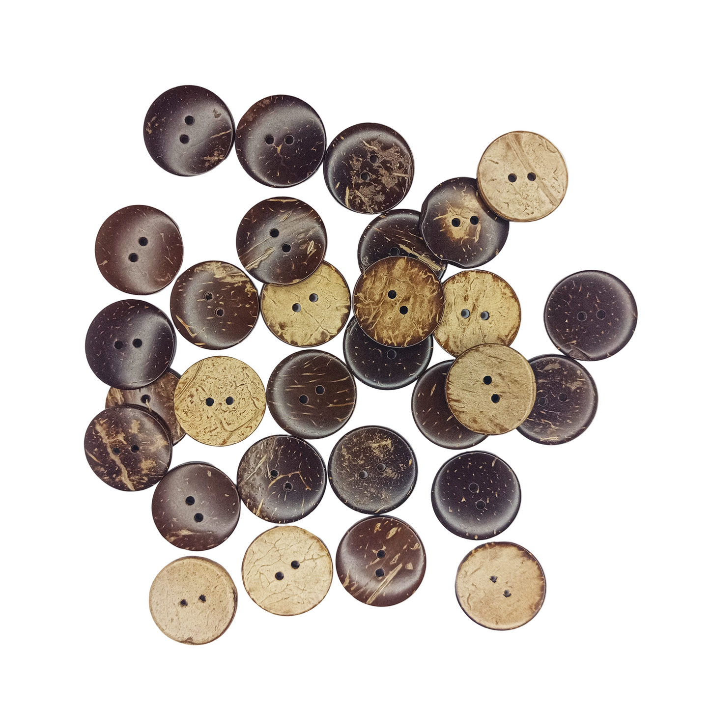 Collection of brown and beige buttons on a white background