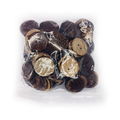 Packaged wooden buttons with a white background