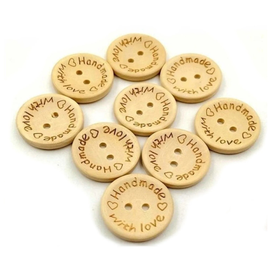 Wooden buttons with 'Handmade with Love' text on a white background
