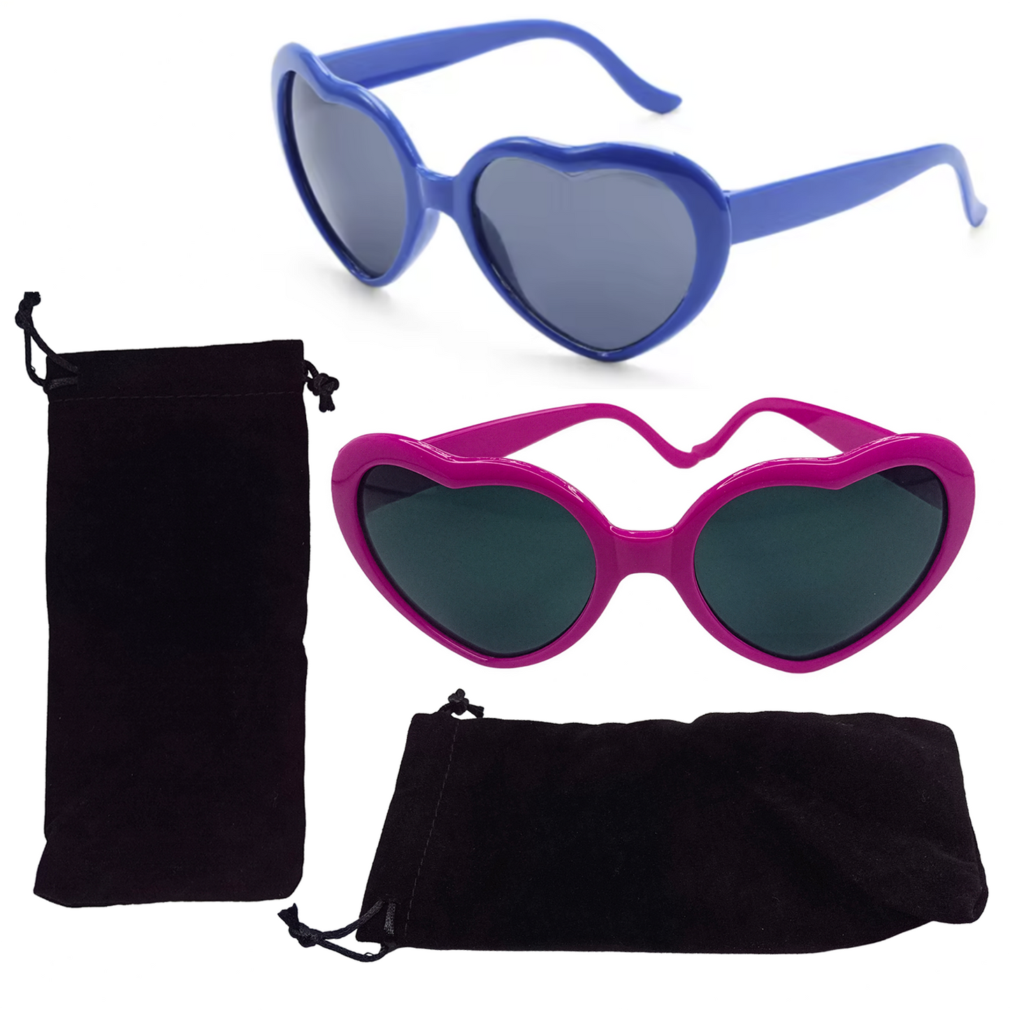 Two pairs of heart-shaped sunglasses, one blue and one pink, with black pouches on a white background.