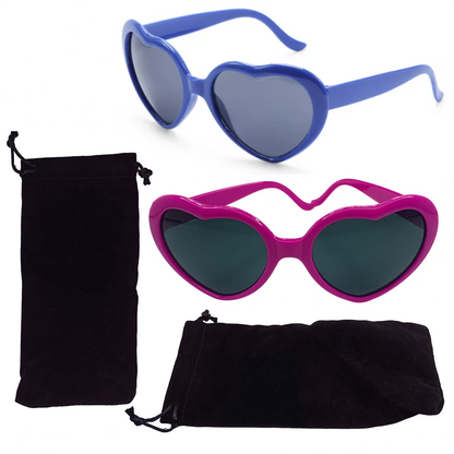 Two pairs of heart-shaped sunglasses, one blue and one pink, with black pouches on a white background.