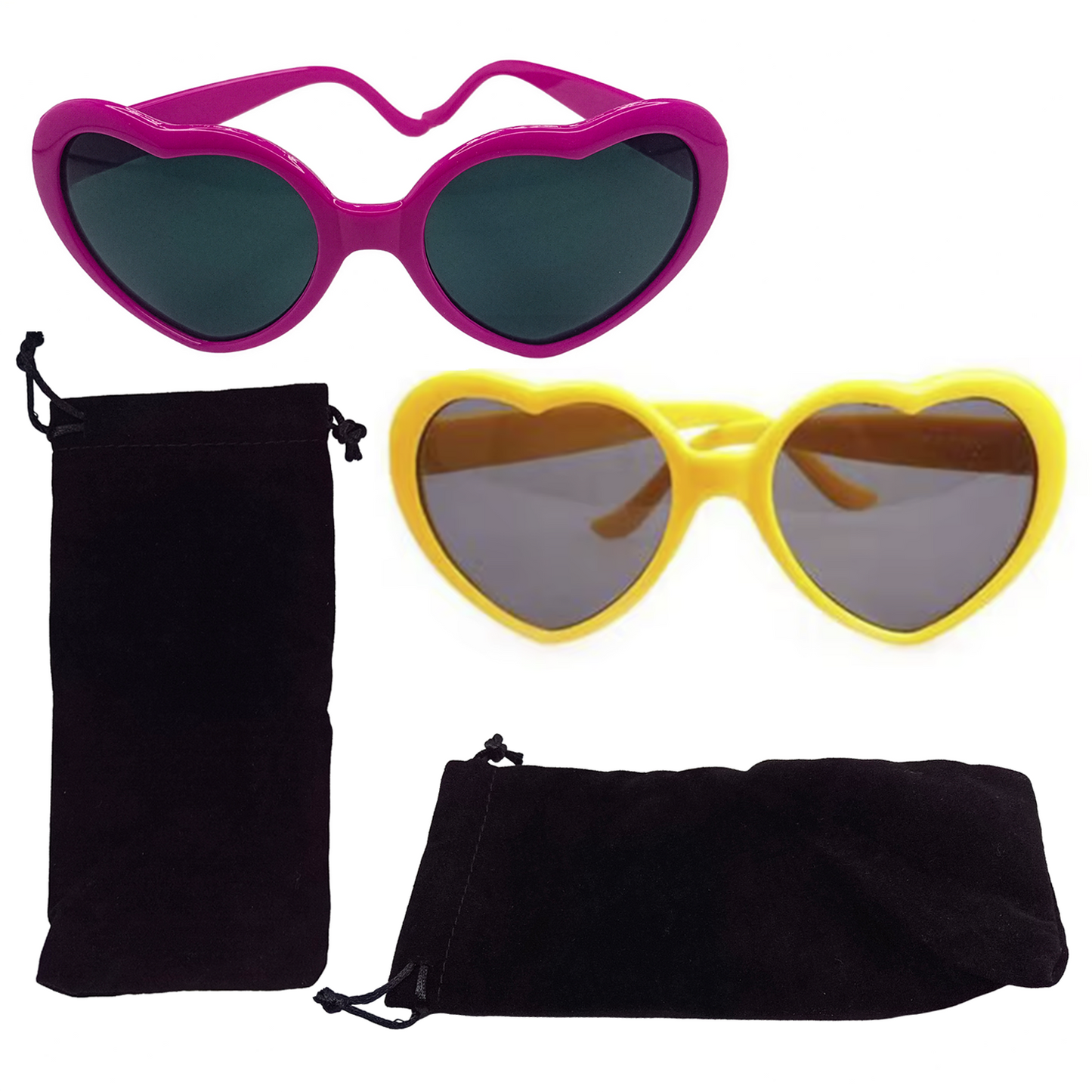 Heart-shaped sunglasses with pink and yellow frames on a white background