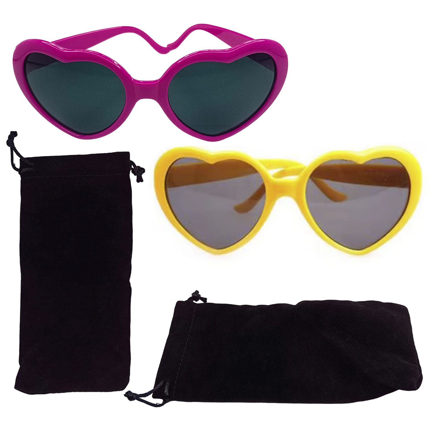 Heart-shaped sunglasses with pink and yellow frames on a white background