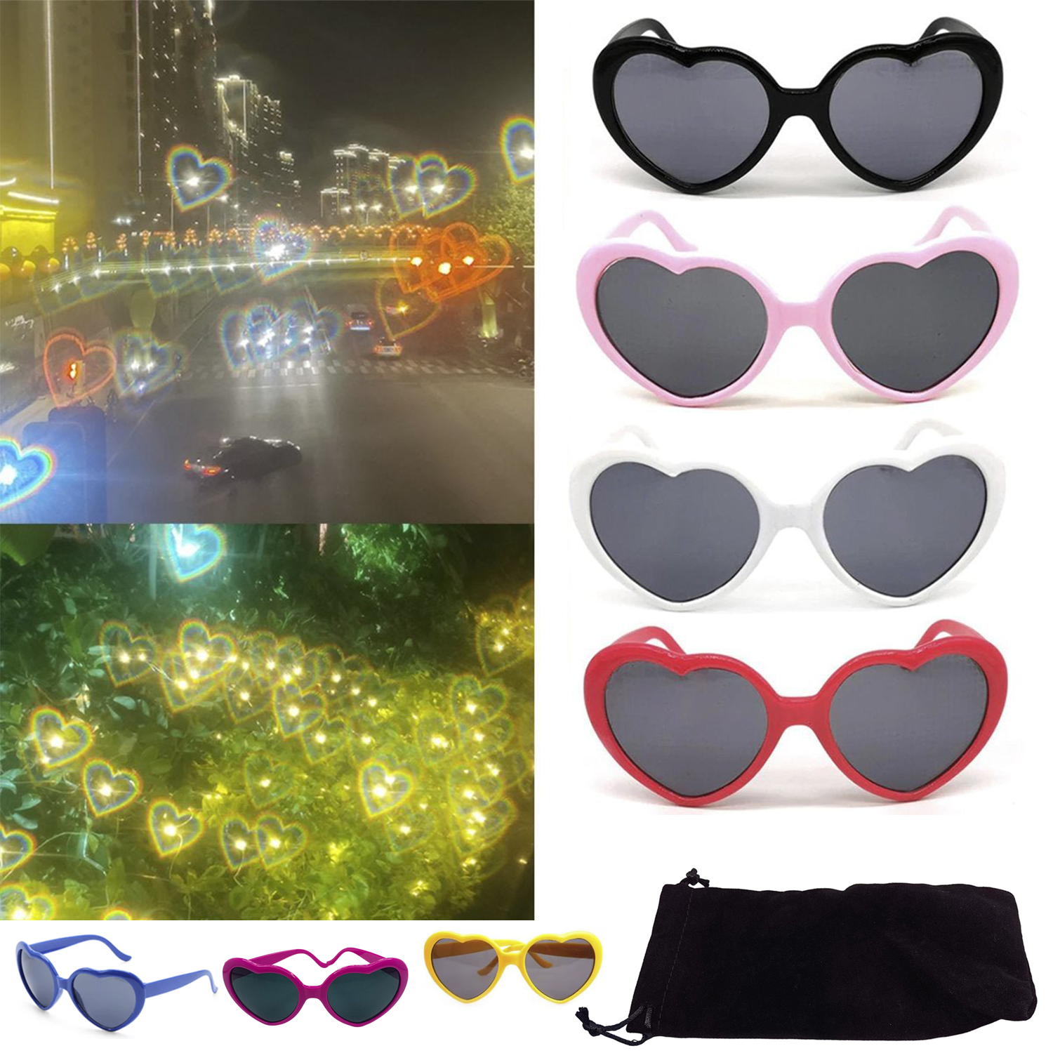 Heart-shaped diffraction night-time glasses in various colors