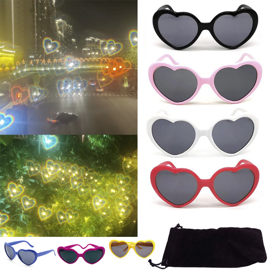 Heart-shaped diffraction night-time glasses in various colors