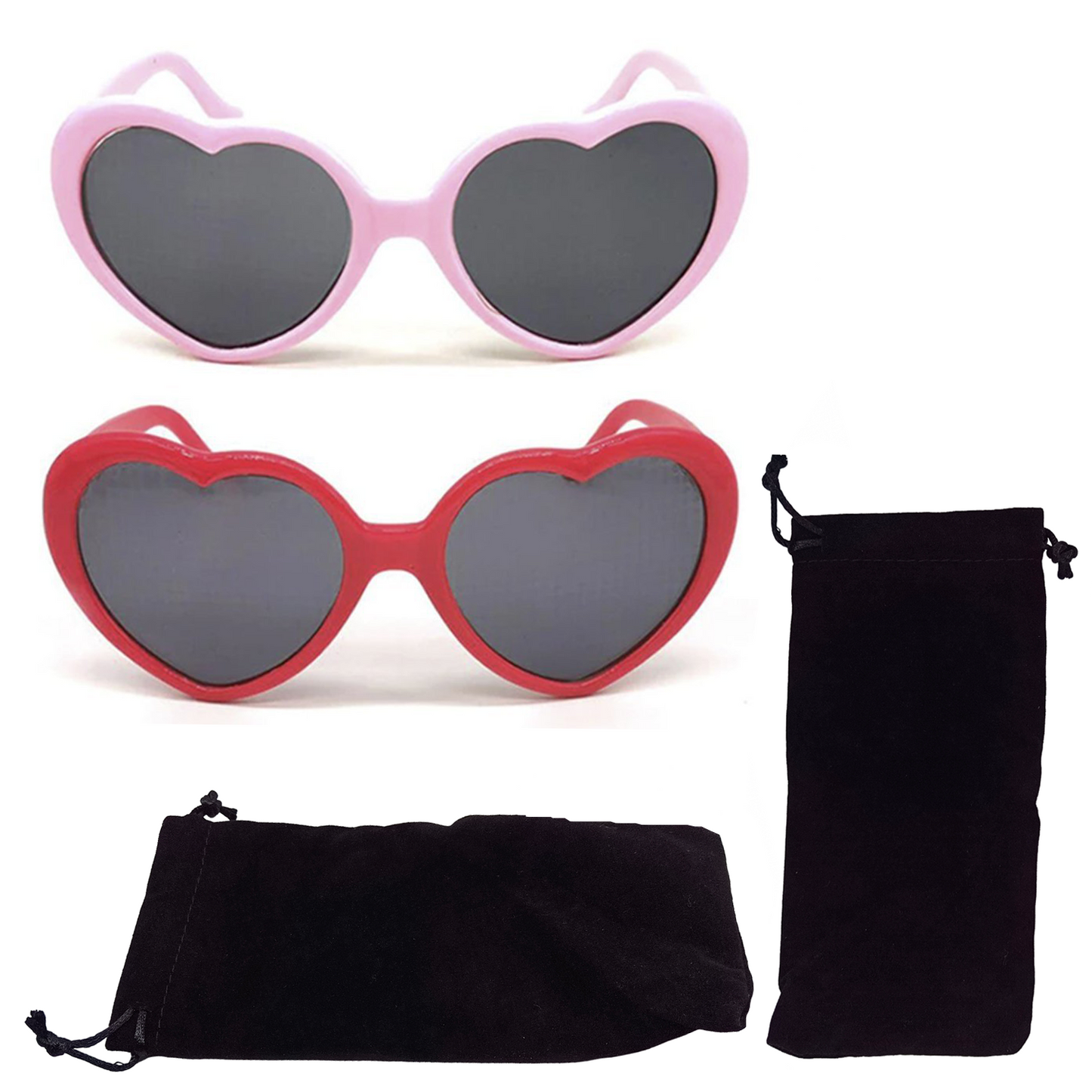 Heart-shaped sunglasses with pink and red frames on a white background