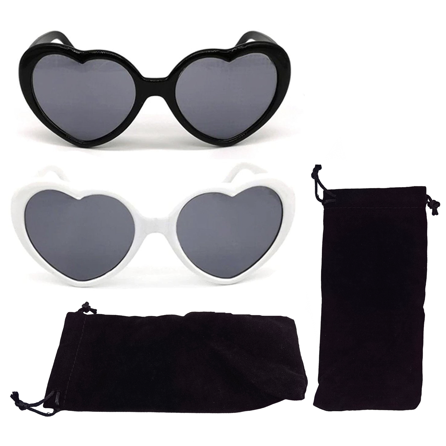 Heart-shaped sunglasses with black and white frames, and black carrying cases on a white background.