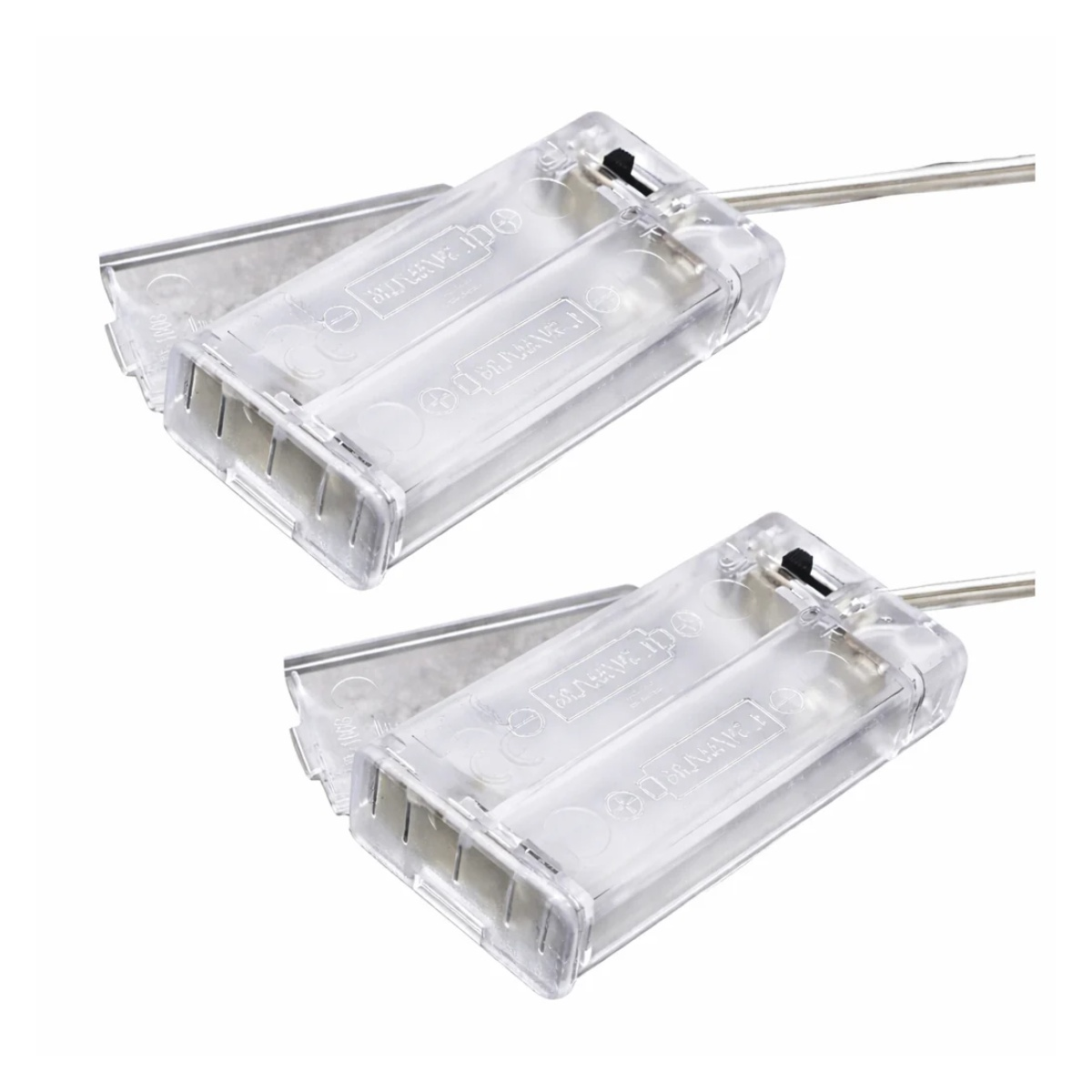 Two clear plastic battery holders 2xAA with wires lids and switch on a white background