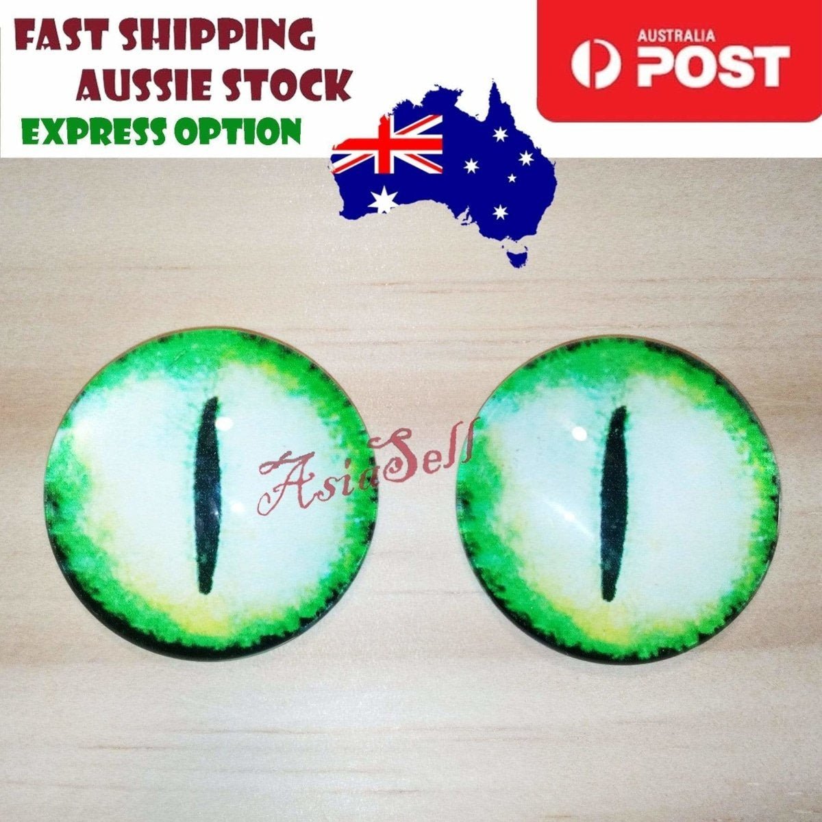 2pcs 30mm Round Glass Eyes Pupils Blue Red Green Cats Doll Eye Toys Dinosaur - Green & White Slit - Asia Sell