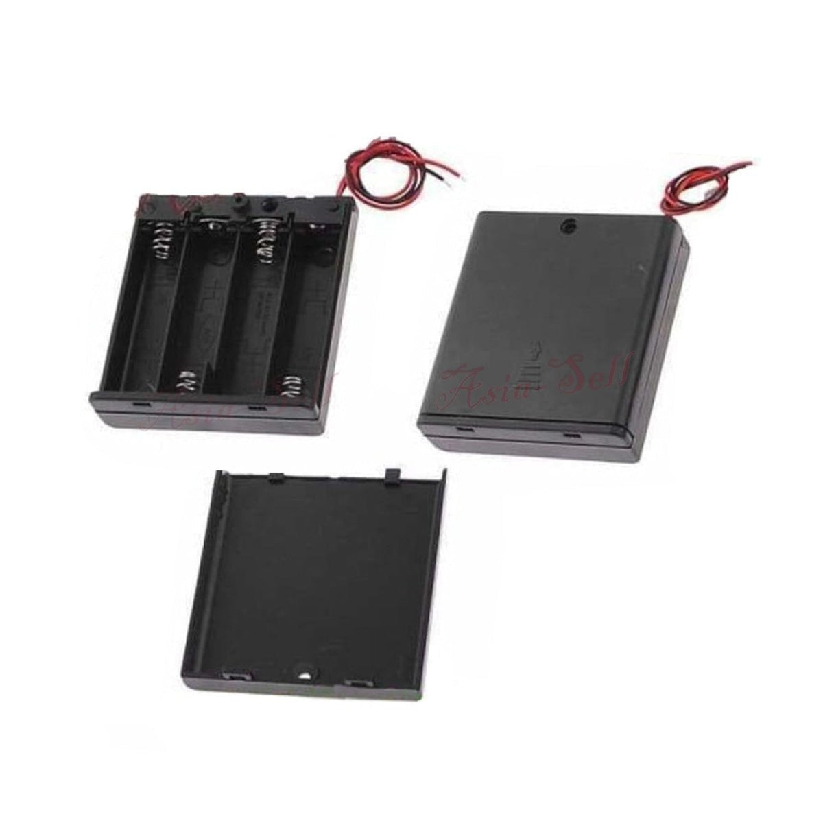 Two black 4xAA battery holders with wires on a white background