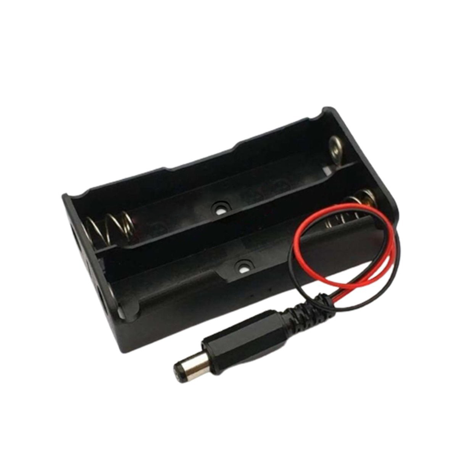 2xAA Black battery holder with red and black wire and DC plug on a white background