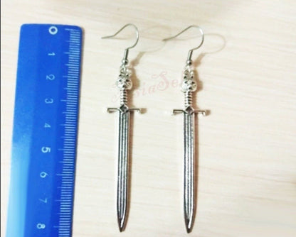 2pcs Antique Silver Colour Dangle Earring Pendant Sword Charms Jewelry 67x14mm Vintage - - Asia Sell