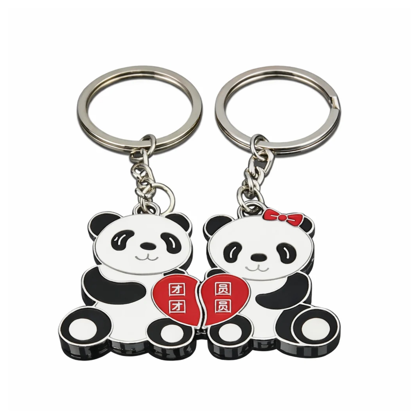 Two panda-shaped keychains with red hearts and Chinese characters on a white background