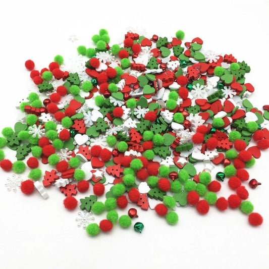 300pcs Mini Christmas Tree Decorations Pom Poms Xmas Tree Buttons Jingle Bells Snowflakes Stars Hearts DIY - - Asia Sell