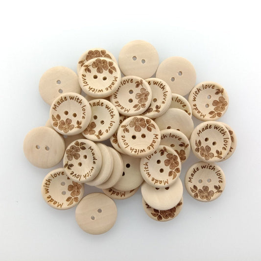 30pcs 25mm Made With Love Handmade Clothes Flower Wooden Sewing Buttons - - Asia Sell