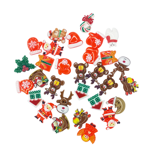 30pcs-Assorted Christmas-themed cabochons on a white background