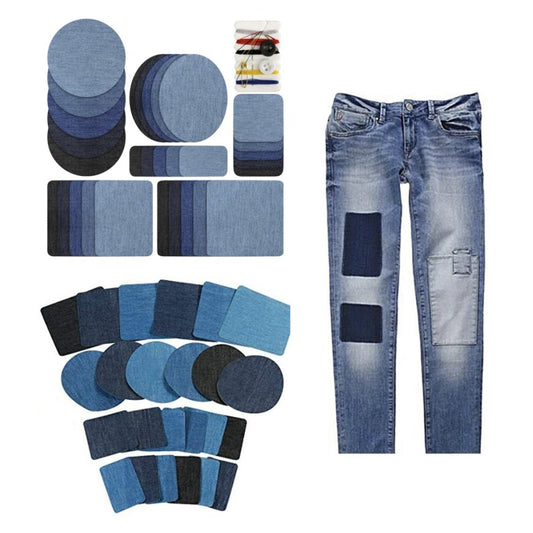 30pcs Iron-on Fabric Blue Black Round Rectangular Denim Jeans Jacket Clothing Patch Set Sewing Repair Shapes - Set A - - Asia Sell