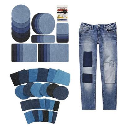 30pcs Iron-on Fabric Blue Black Round Rectangular Denim Jeans Jacket Clothing Patch Set Sewing Repair Shapes - Set A - Asia Sell