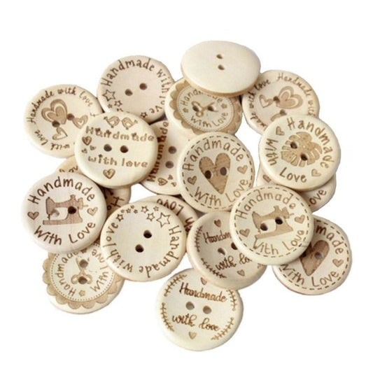 32pcs 30mm Wooden Buttons 2-Holes Handmade with Love Round Handmade Clothes - - Asia Sell