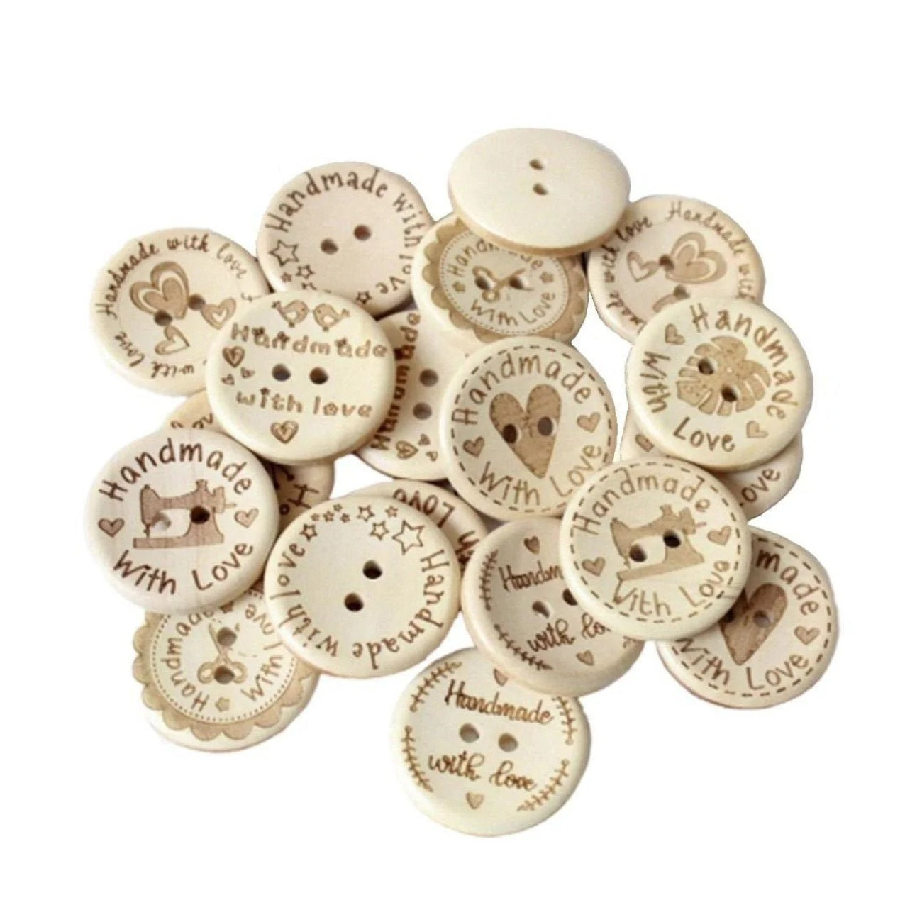 Collection of wooden buttons with 'Handmade with Love' text on a white background